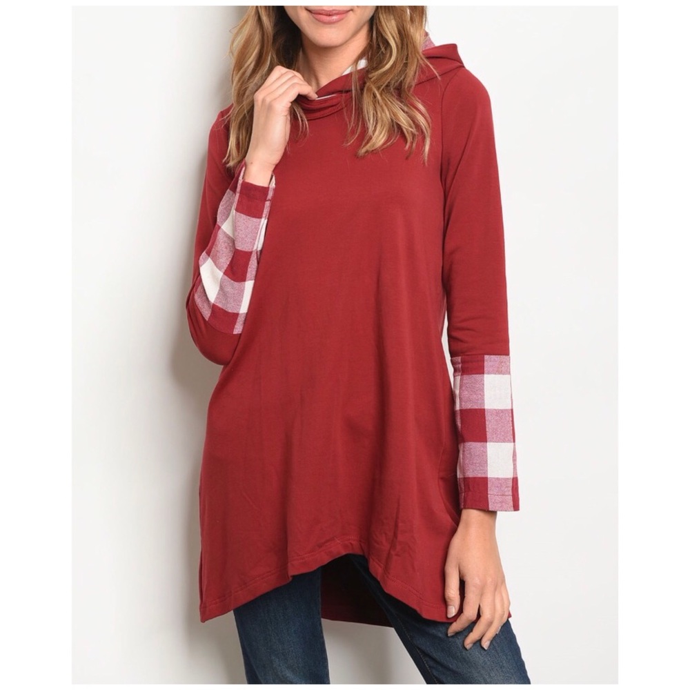 BURGUNDY CHECKED HOODIE - Picture 4 of 9